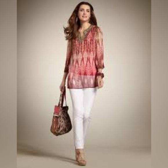 Chicos Size 1 US M Tropic Delight Kaikoura Embellished Tunic Top Boho Semi Sheer - Picture 2 of 10